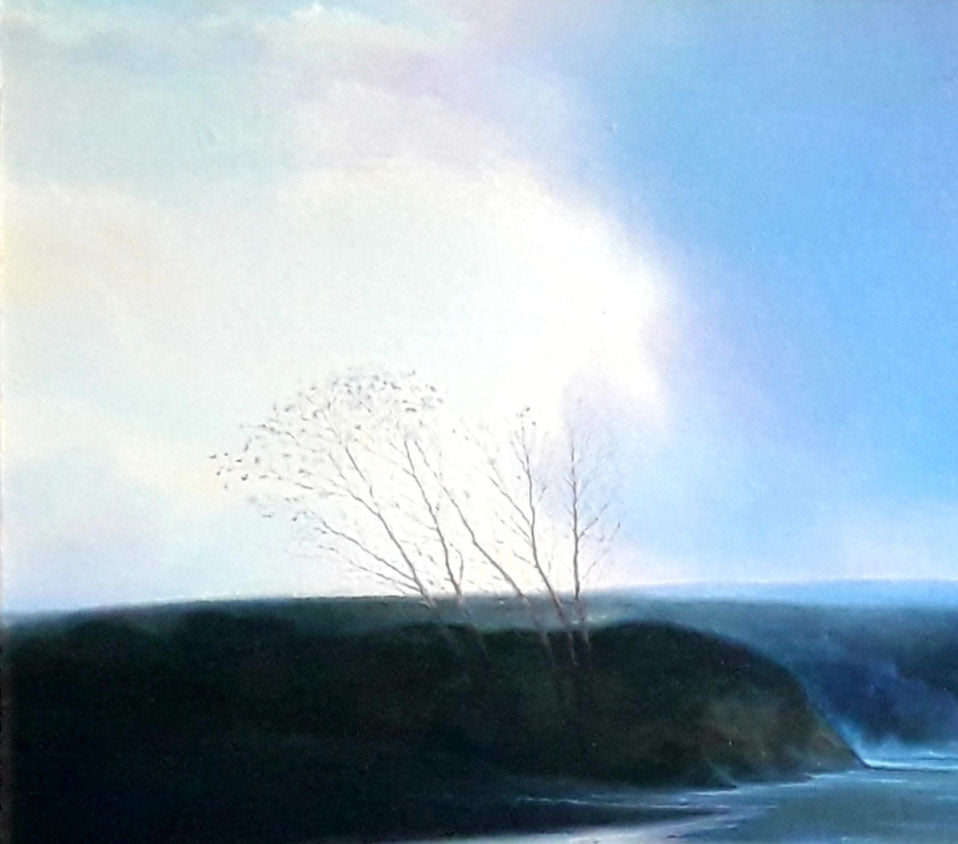 Oil painting by Korkishko Vasily: solitary leafless tree on rugged cliffside