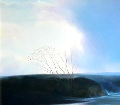 Oil painting by Korkishko Vasily: solitary leafless tree on rugged cliffside