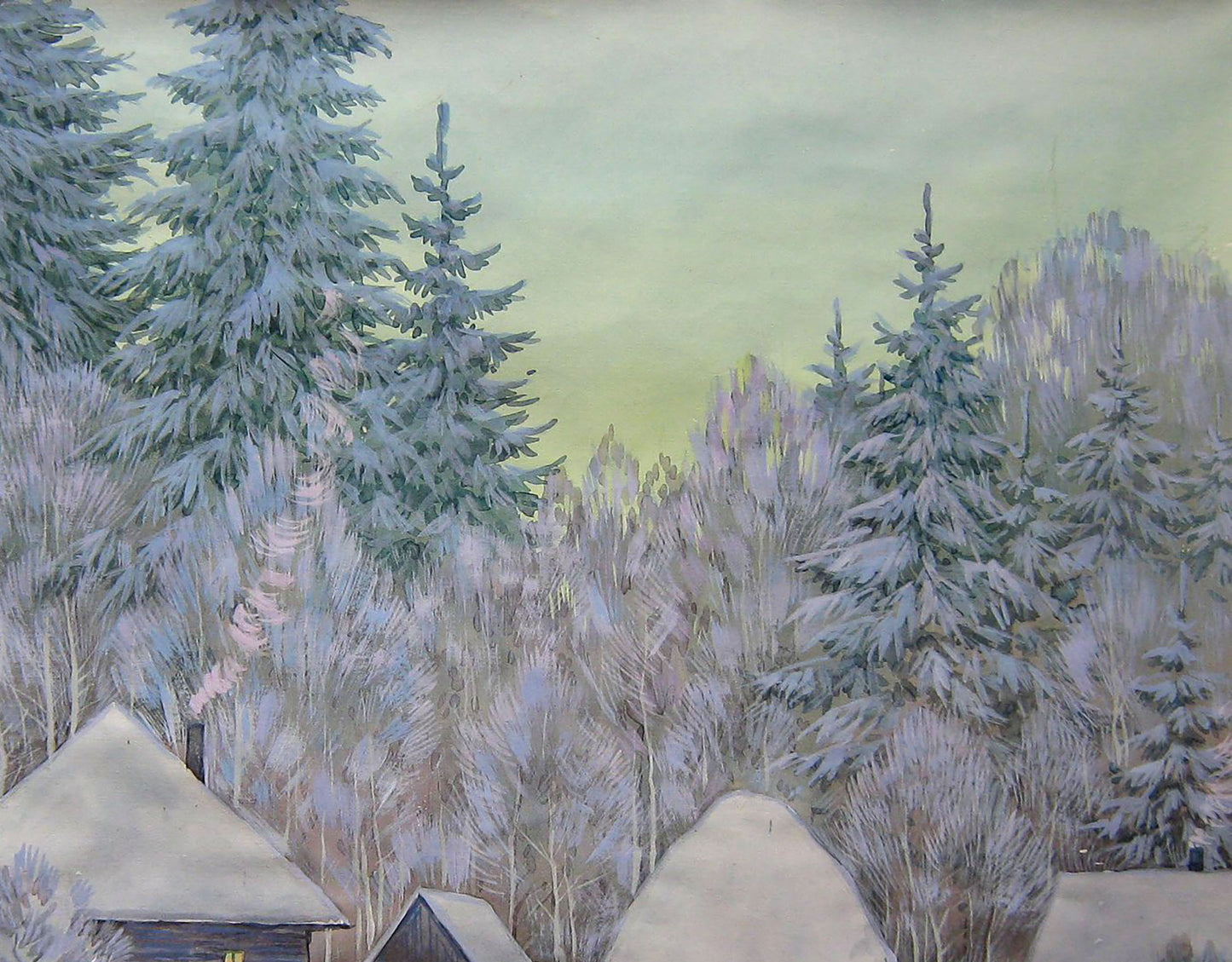 Watercolor painting Winter Village landscape 