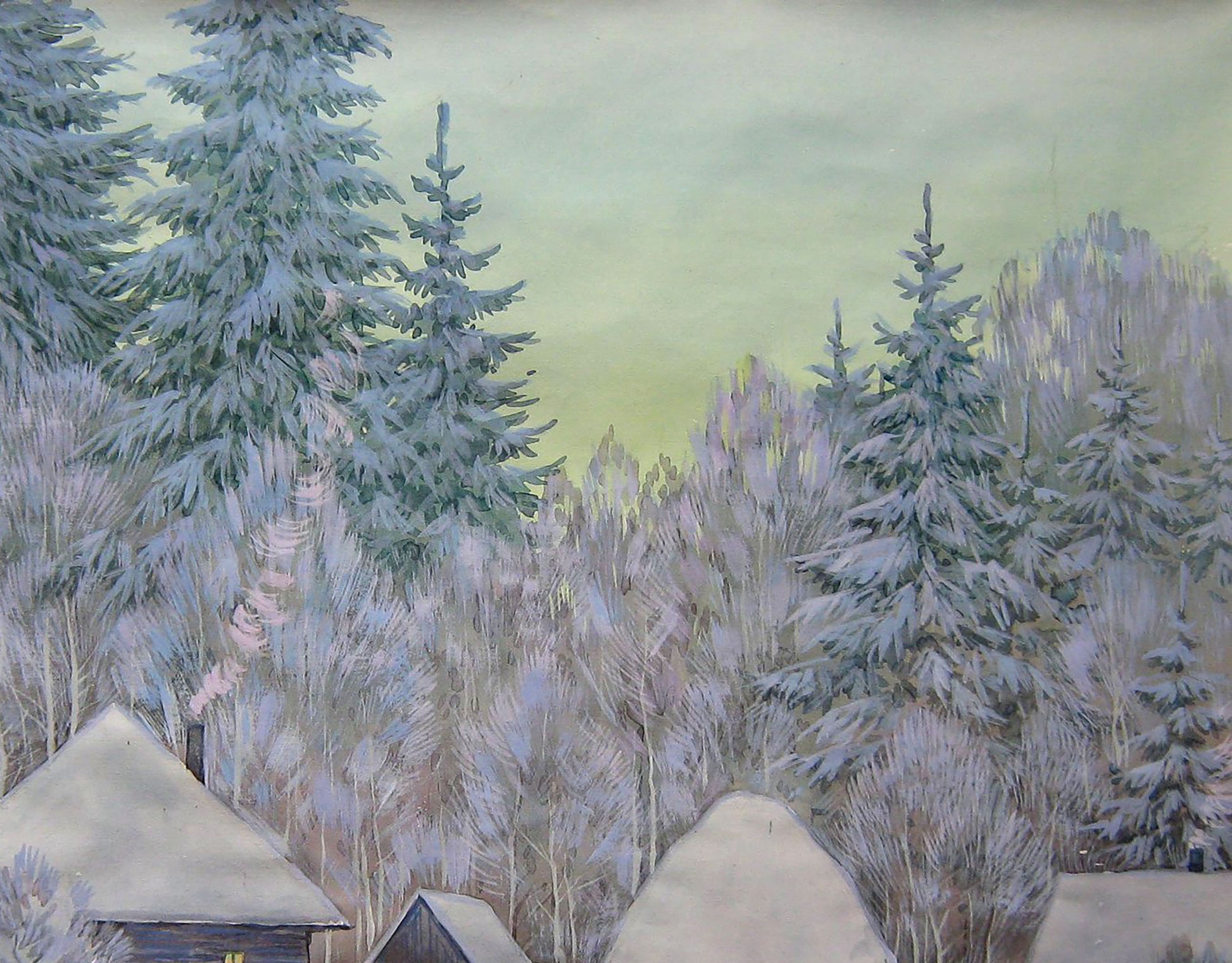 Watercolor painting Winter Village landscape 