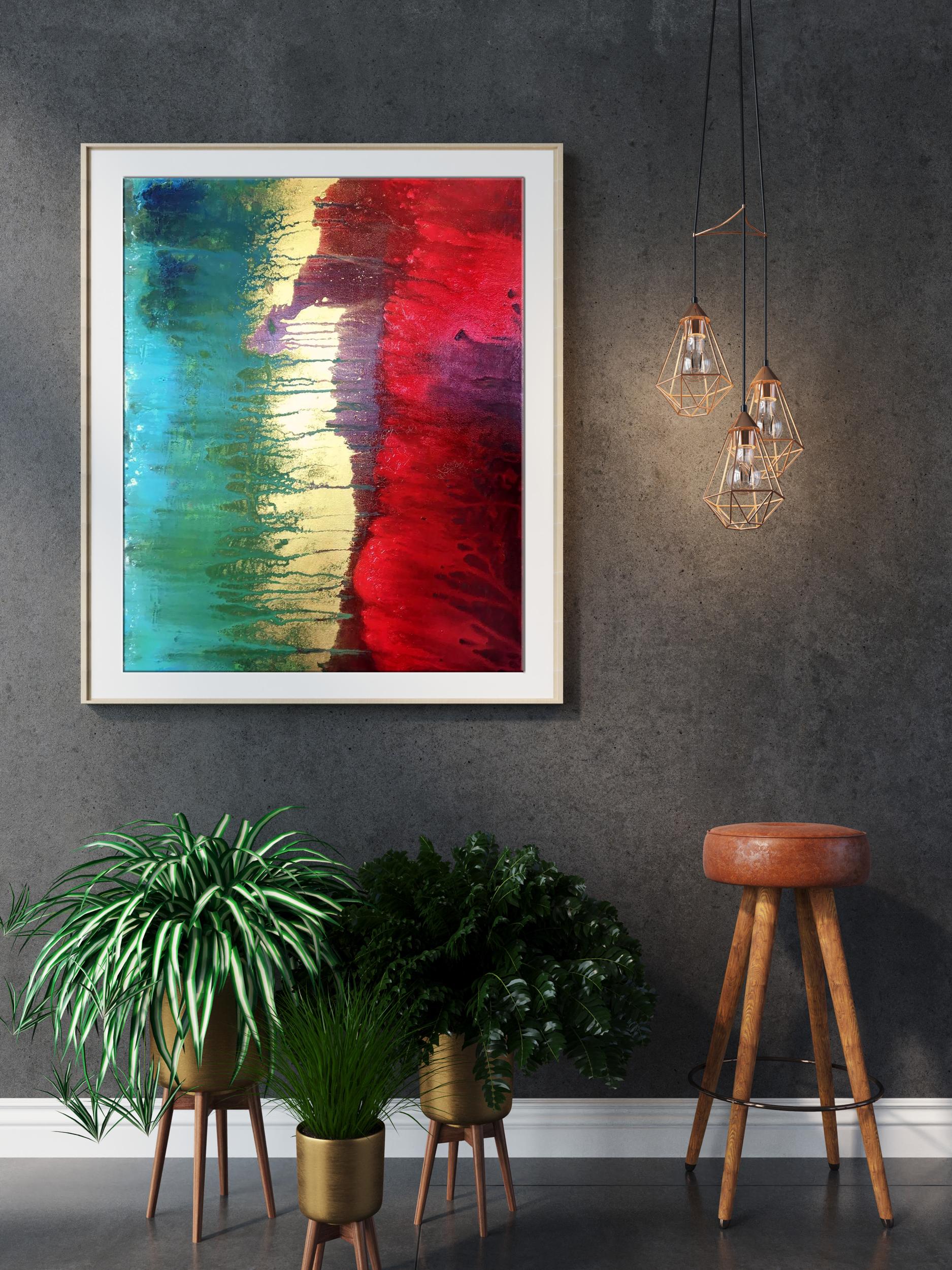 Vibrant abstract acrylic painting Excitation by Melezhik Olga in white frame