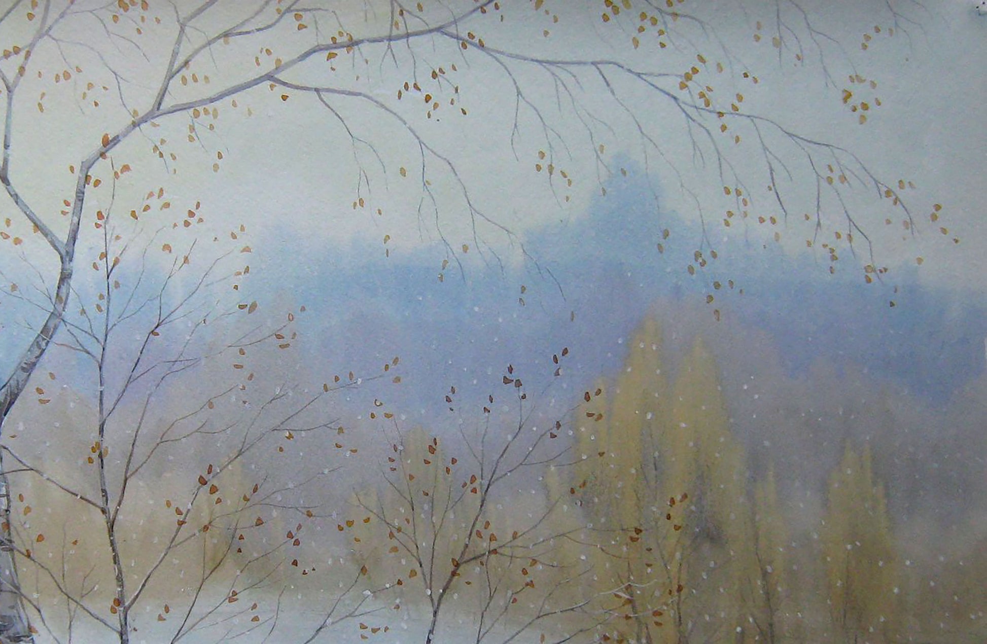 Watercolor painting Winter Nature Landscape 