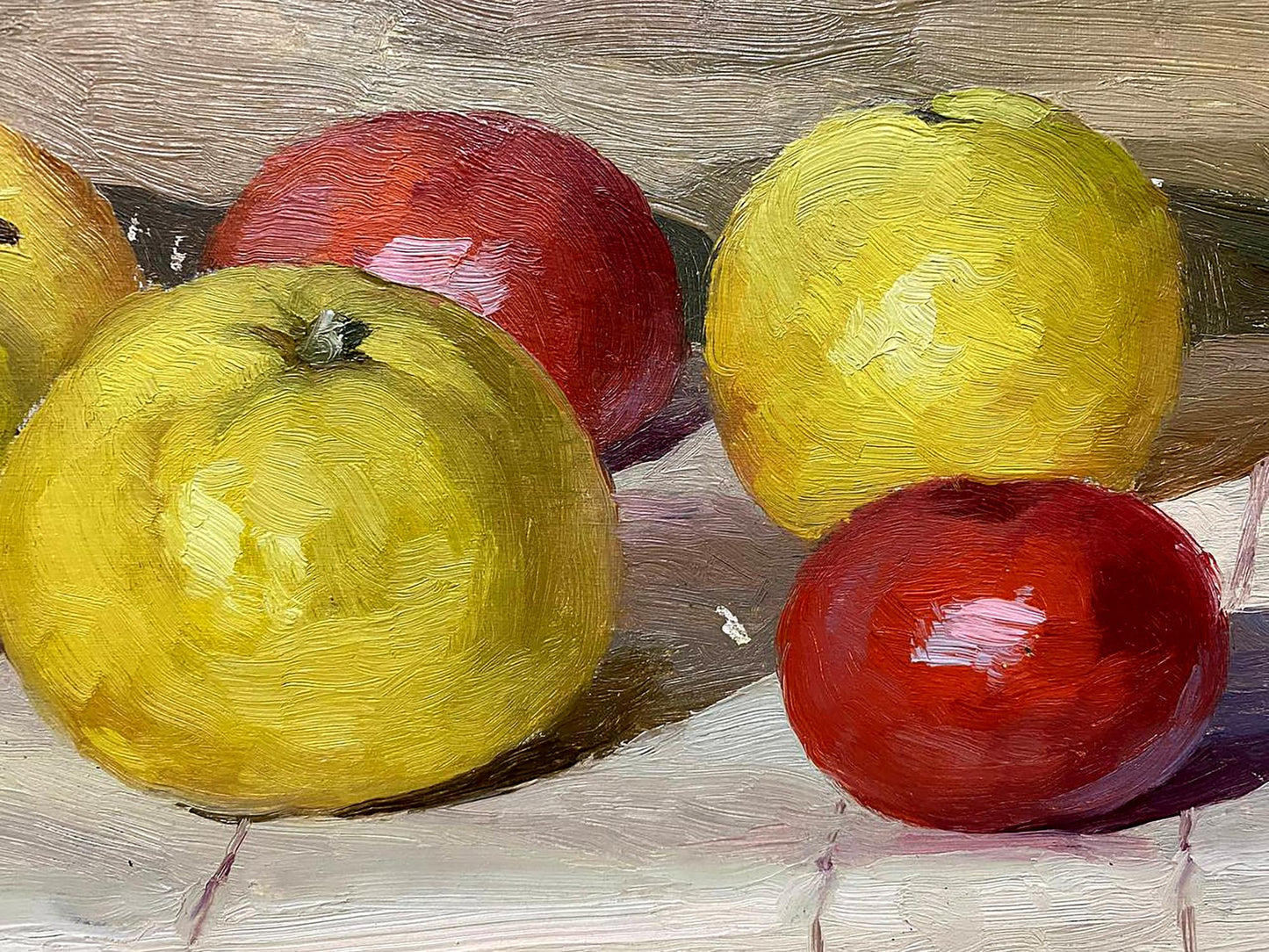 Oil painting of glossy red and yellow apples by unknown artist