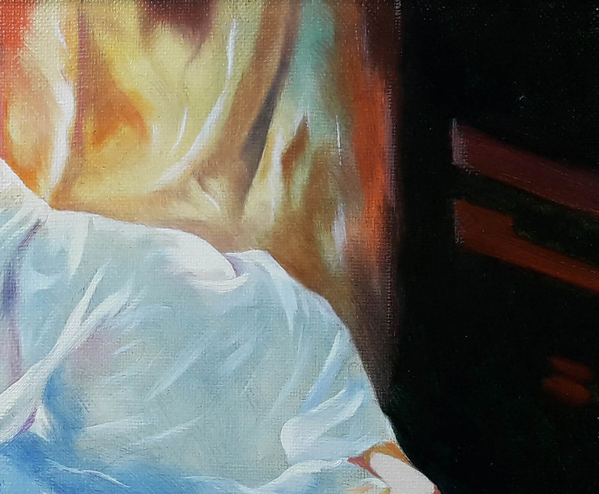 Oil painting of sleeping girl by Vasily Korkishko with draped white fabric