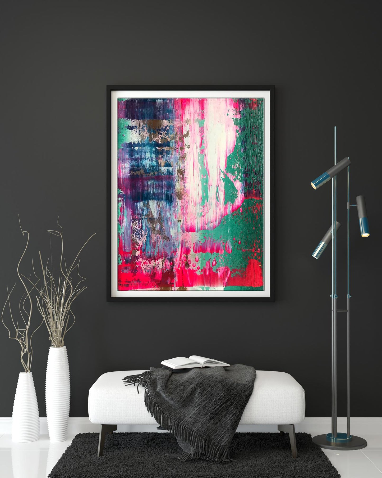 Vibrant Northern Lights acrylic painting by Melezhik Olga in black frame