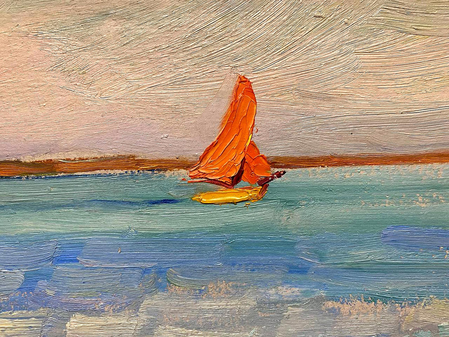 Oil painting of vibrant orange sailboat on blue water by Tkachenko Evgeny Nikolaevich