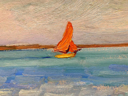 Oil painting of vibrant orange sailboat on blue water by Tkachenko Evgeny Nikolaevich