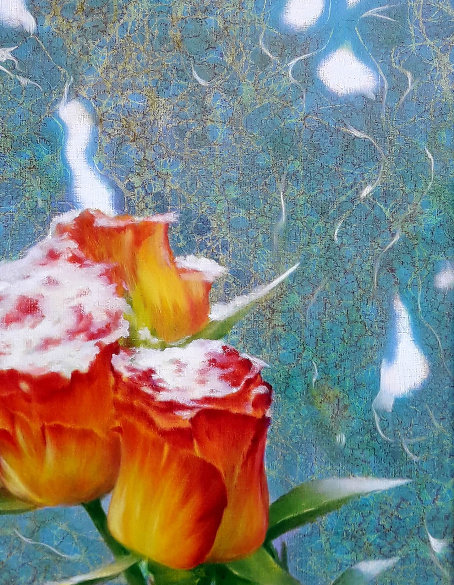 Vibrant orange yellow roses by Vasily Korkishko oil painting with snow dusting