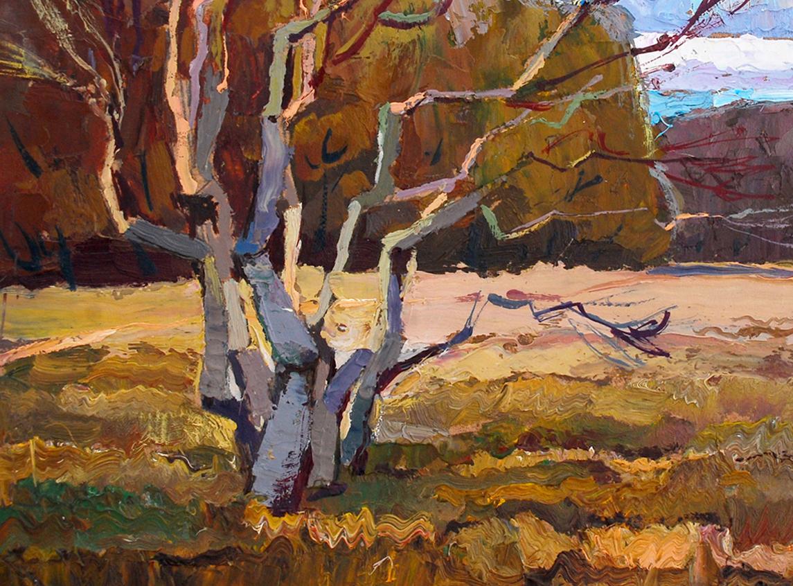 Oil painting Autumn by Egor Shvachunov textured tree in earthy tones