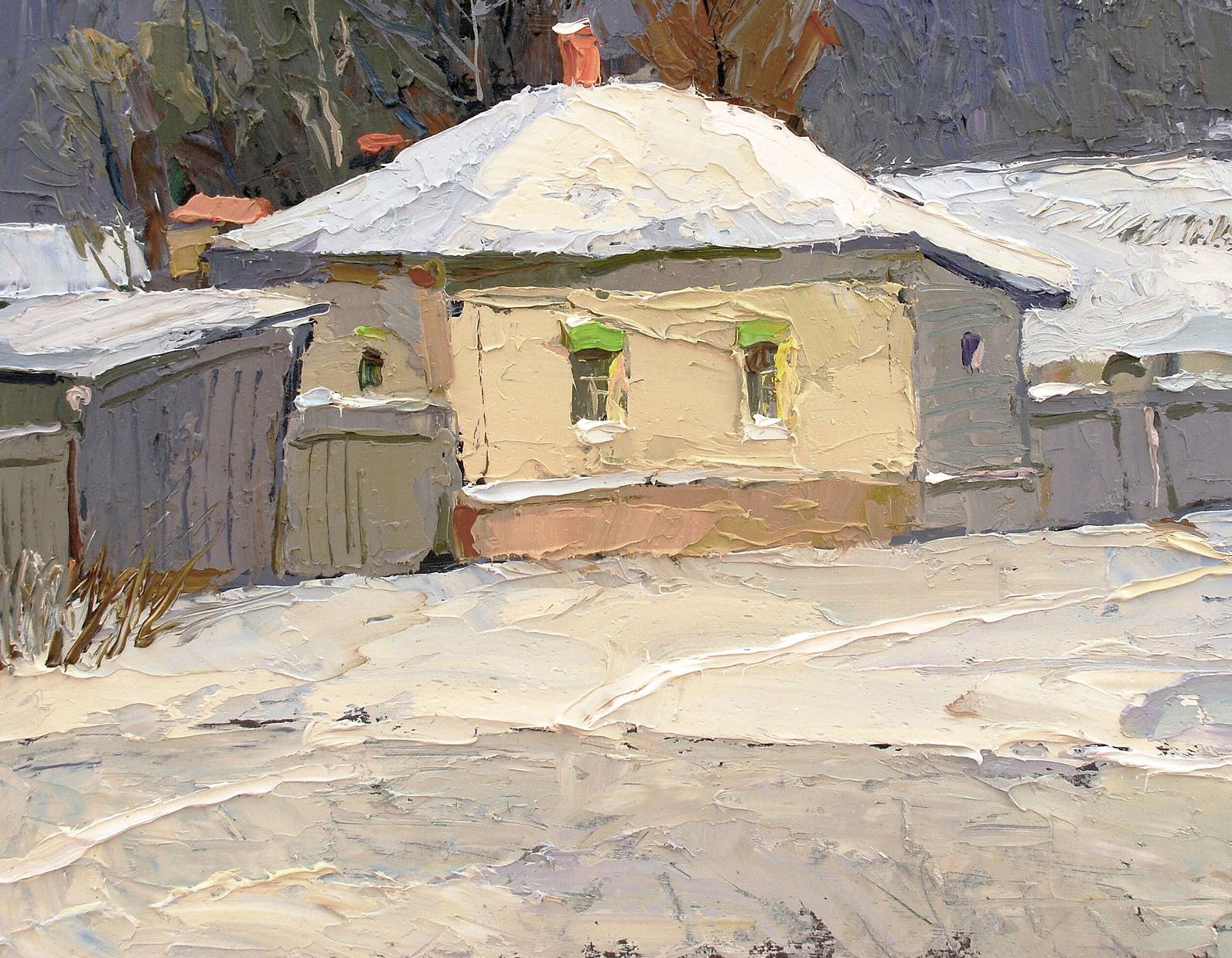 Impressionistic oil painting of rustic beige house with snow-covered roof by Egor Shvachunov