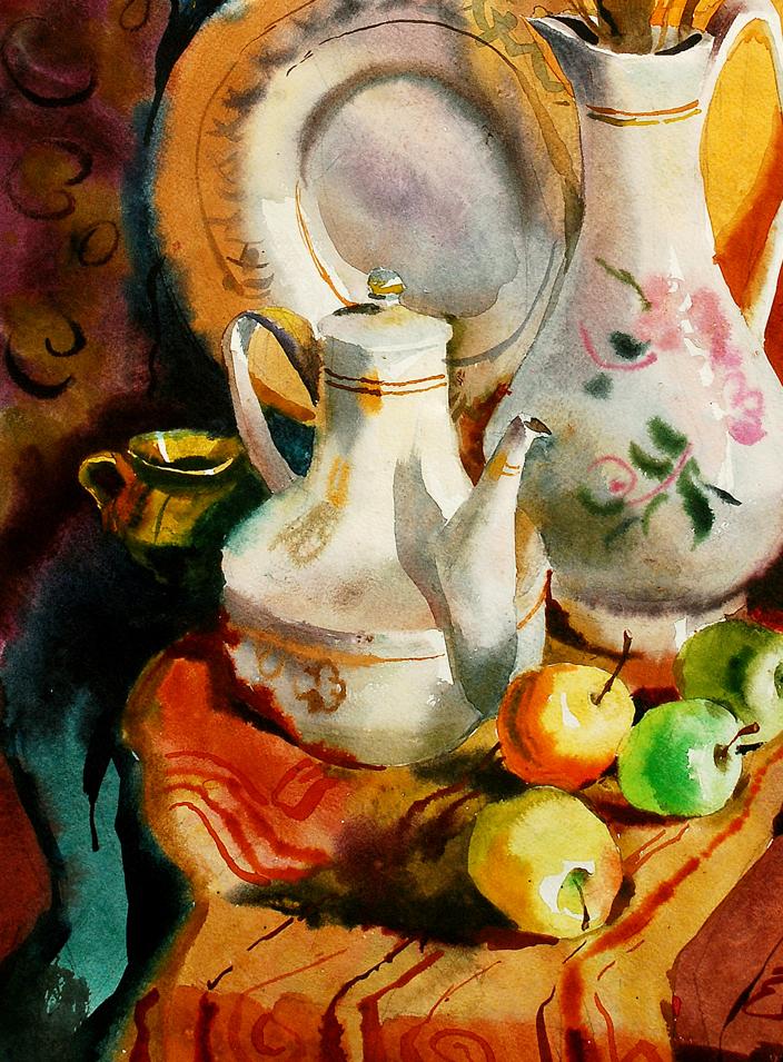 White porcelain teapot with gold trim in Egor Shvachunov watercolor still life