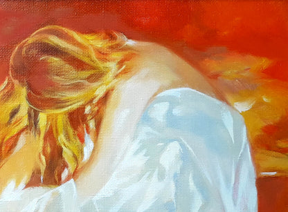 Oil painting by Vasily Korkishko: girl in towel, golden hair, red background