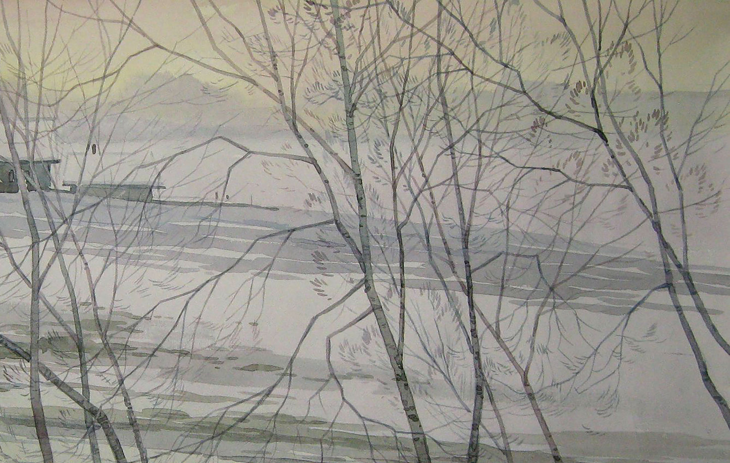 Watercolor painting Winter Rural landscape 