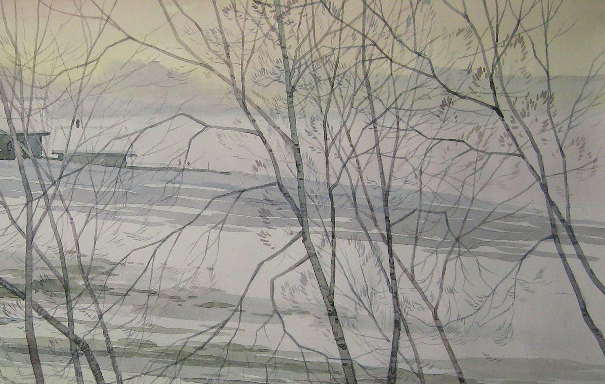 Watercolor painting Winter Rural landscape 