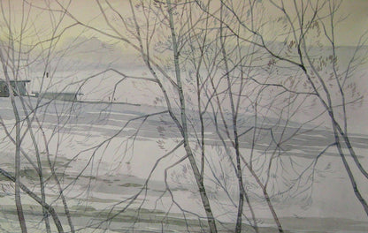 Watercolor painting Winter Rural landscape 