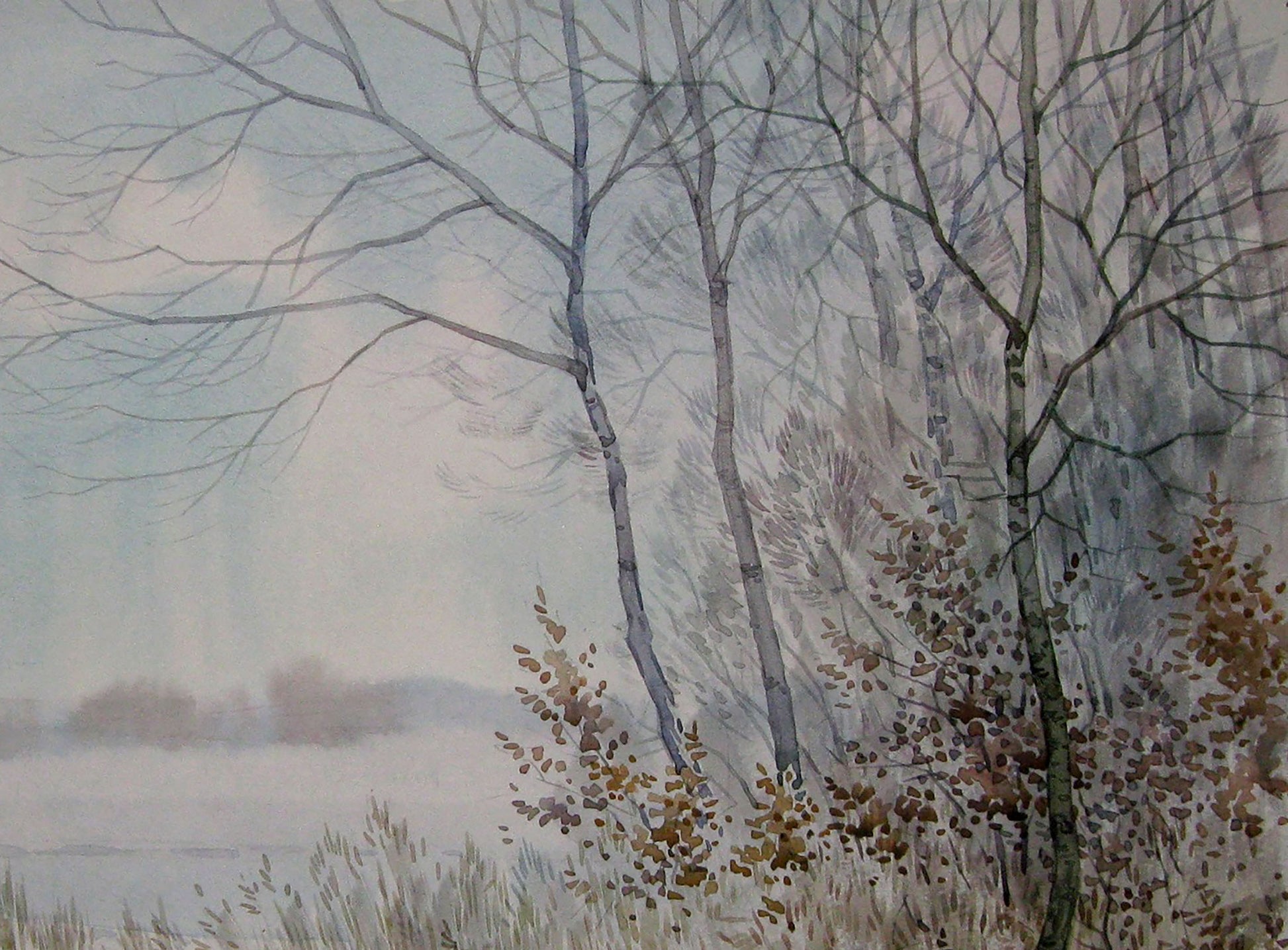 Watercolor painting Winter Nature Landscape 