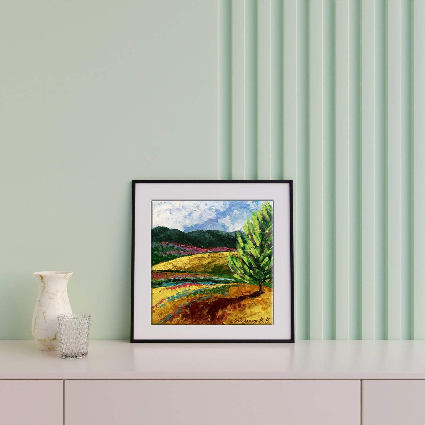 Oil painting Blooming tree Zadorozhnya V.V. vibrant hills in black frame