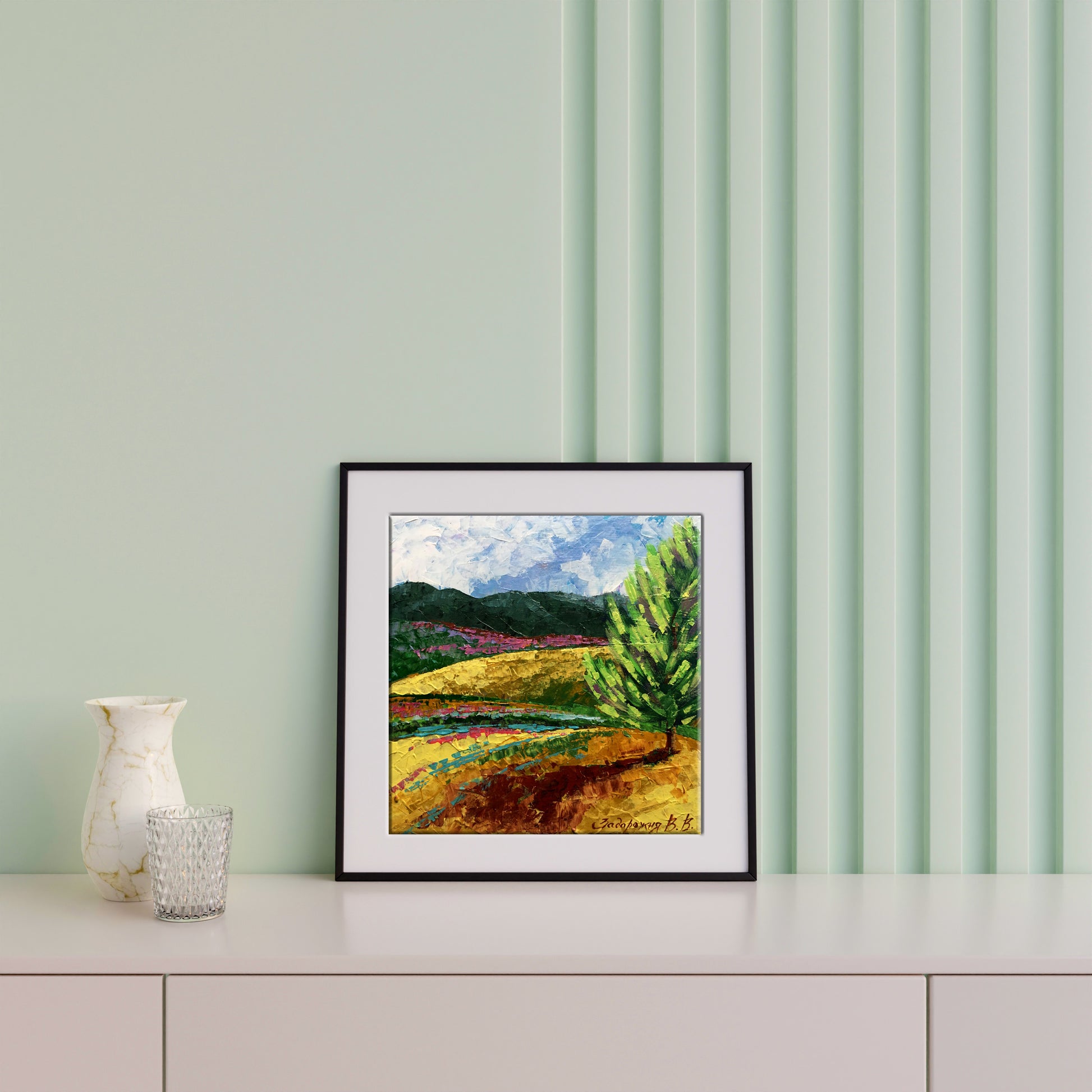 Oil painting Blooming tree Zadorozhnya V.V. vibrant hills in black frame