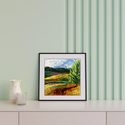 Oil painting Blooming tree Zadorozhnya V.V. vibrant hills in black frame