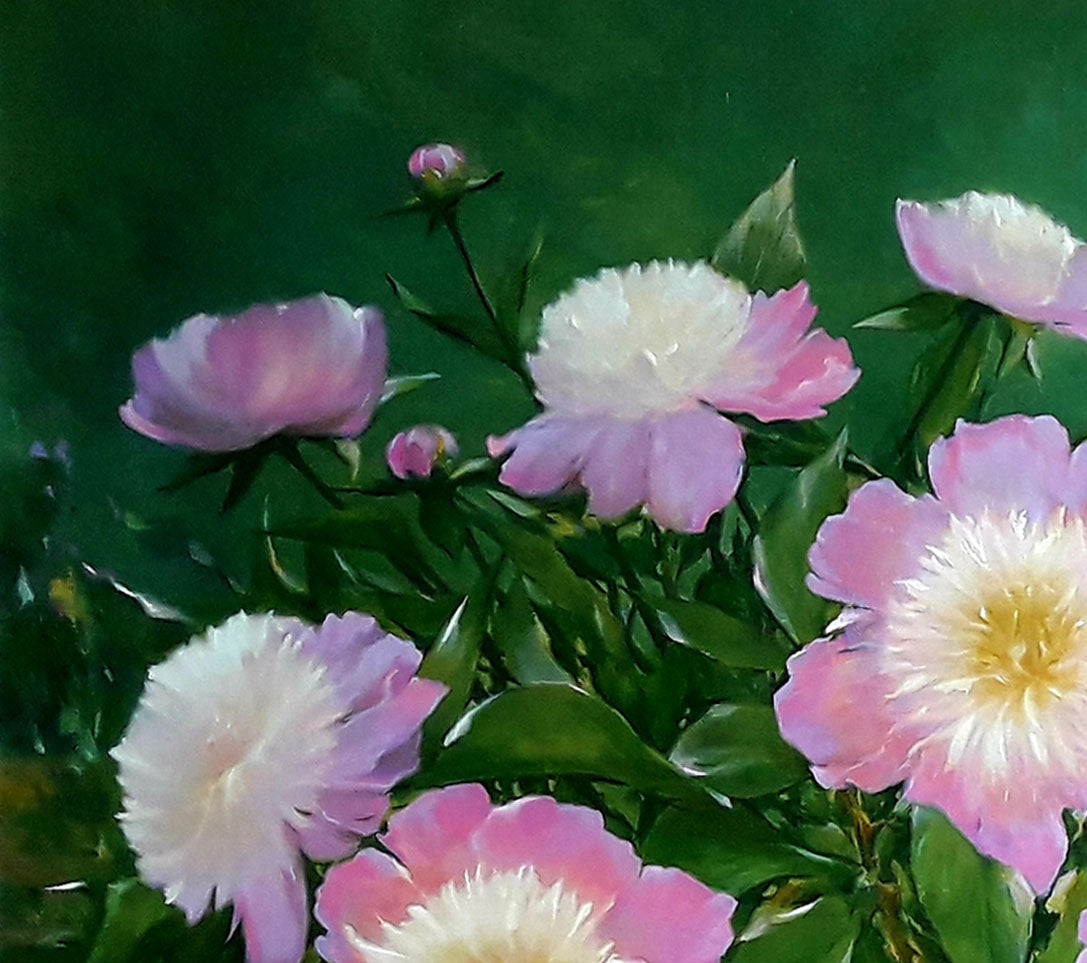 Vibrant oil painting of pink white peonies by Korkishko Vasily