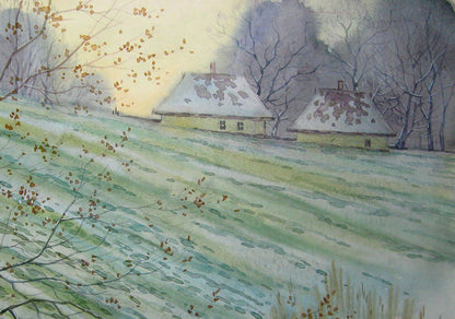 Watercolor painting Rural landscape 