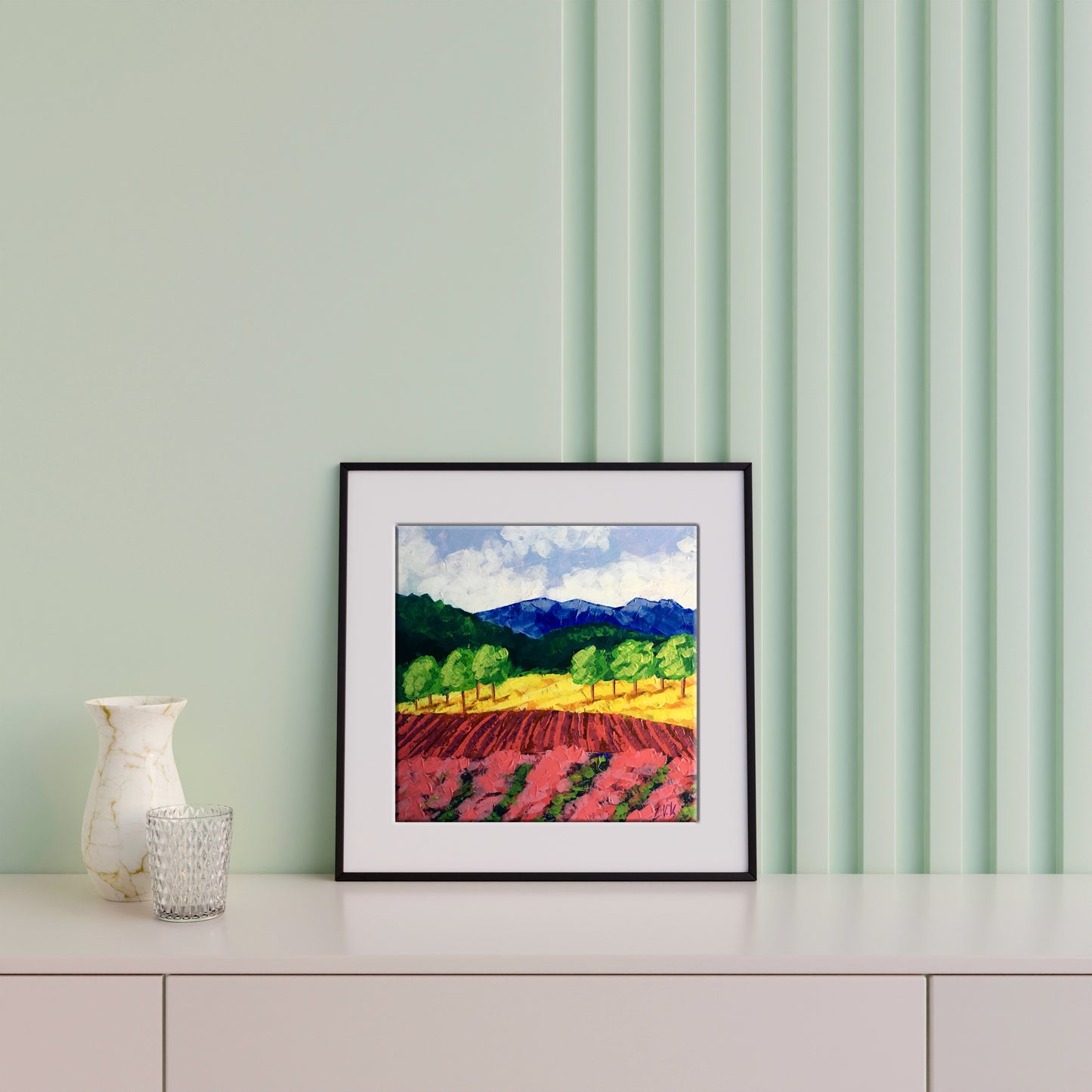 Black-framed oil painting of vineyards in forested mountains by V. Zadorozhnya