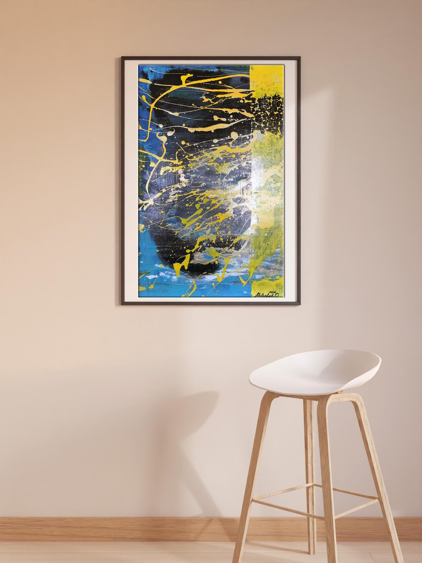 Framed Acrylic painting Shine by Melezhik Olga with blue black yellow splashes