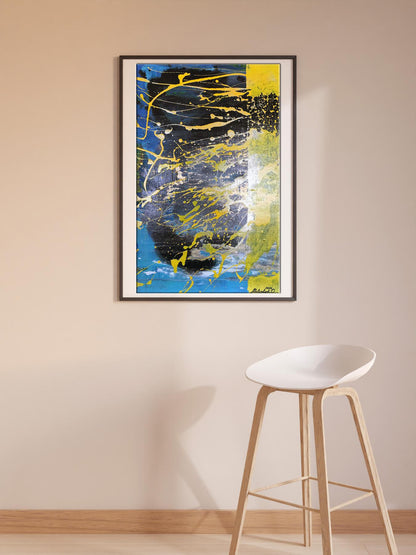 Framed Acrylic painting Shine by Melezhik Olga with blue black yellow splashes