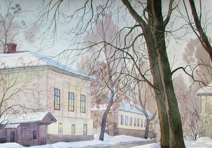 Watercolor painting Winter Old Town 