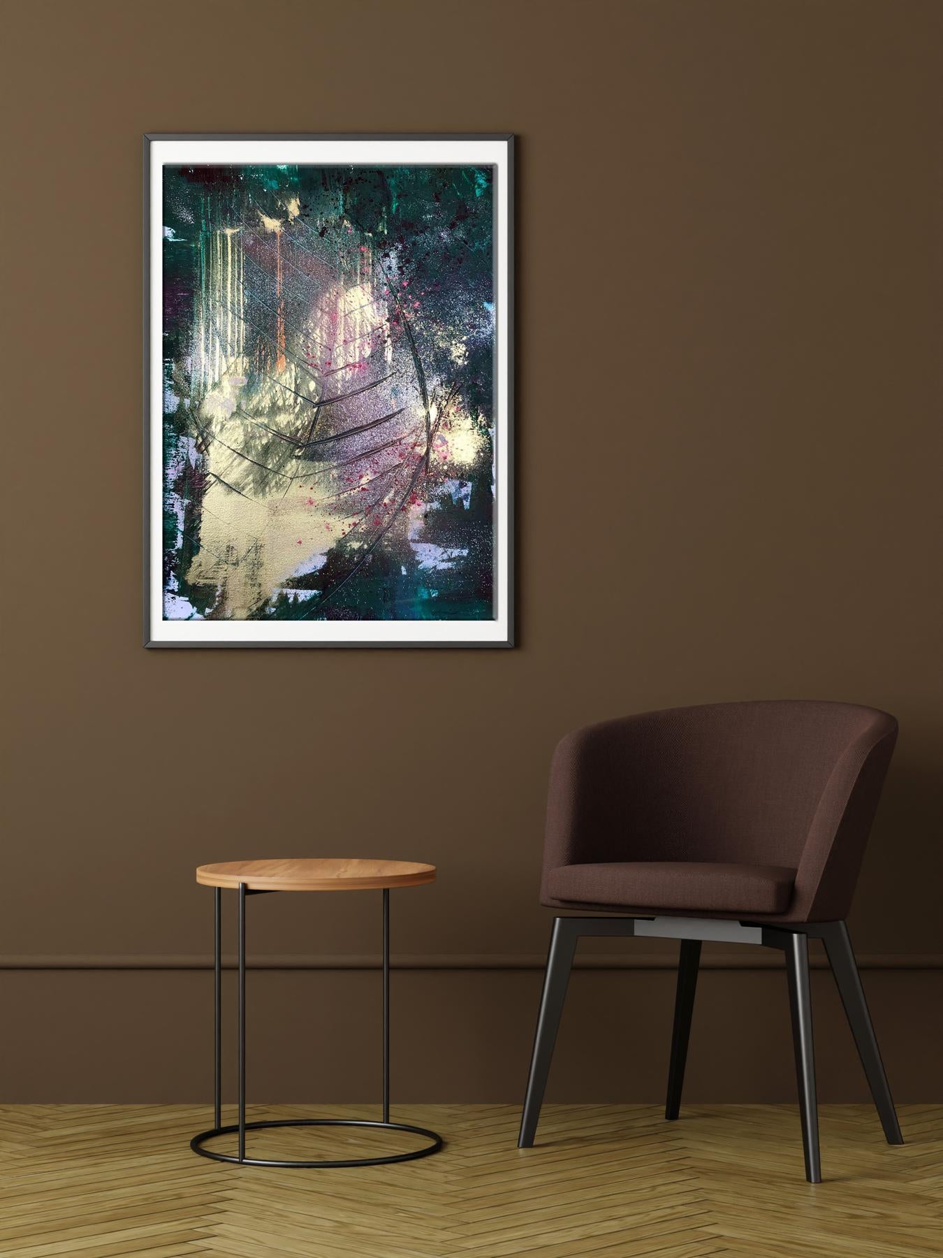 Framed acrylic painting Golden leaf by Melezhik Olga in teal white pink on brown wall