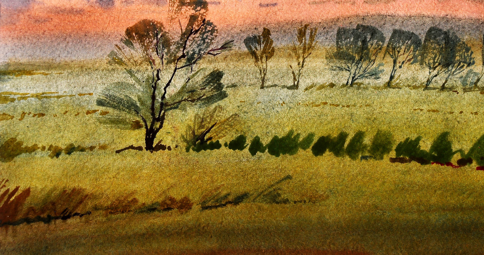 Watercolor painting By the Evening by Egor Shvachunov golden grass field