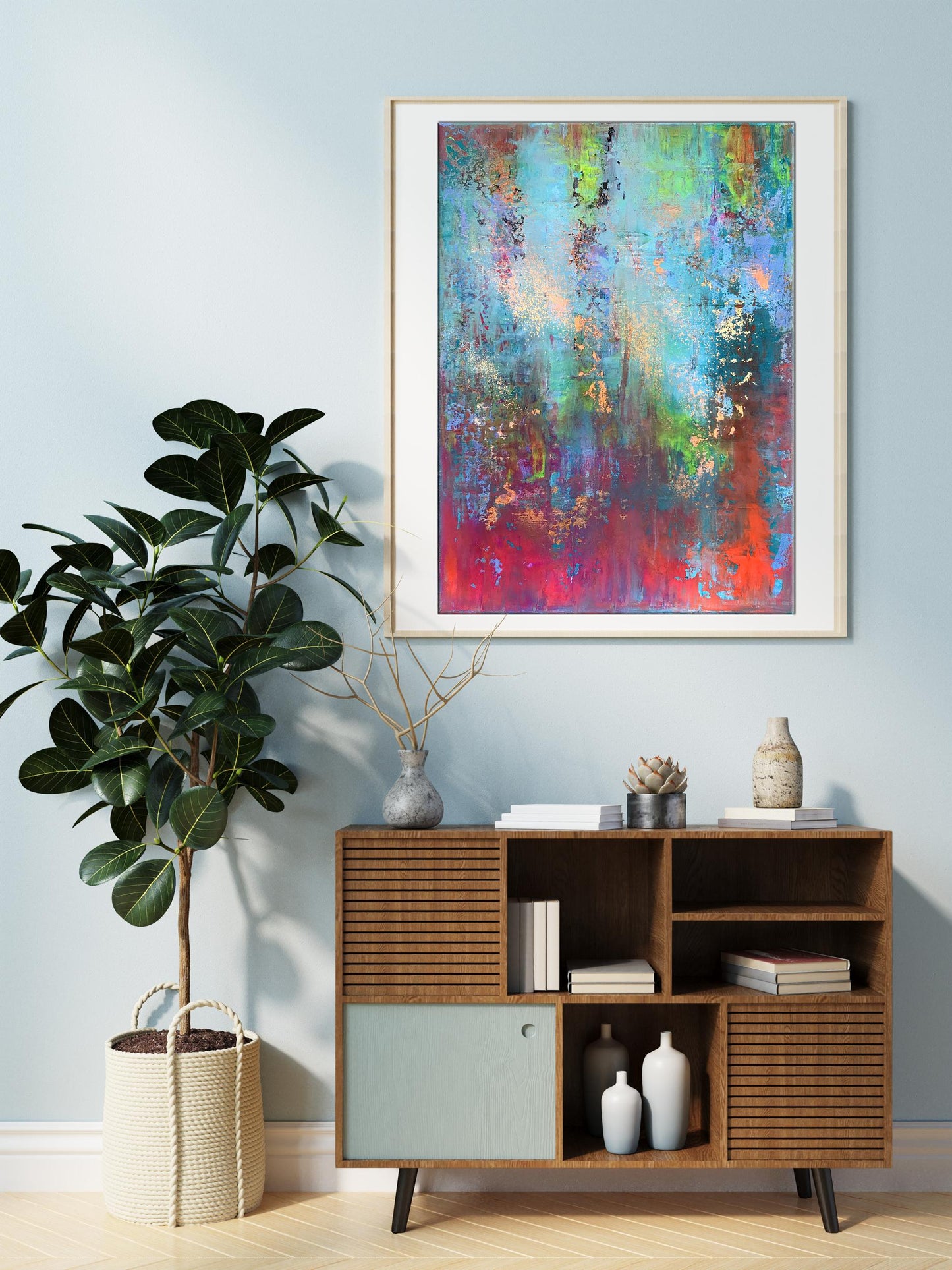 Vibrant Blooming Field acrylic painting by Melezhik Olga in white frame