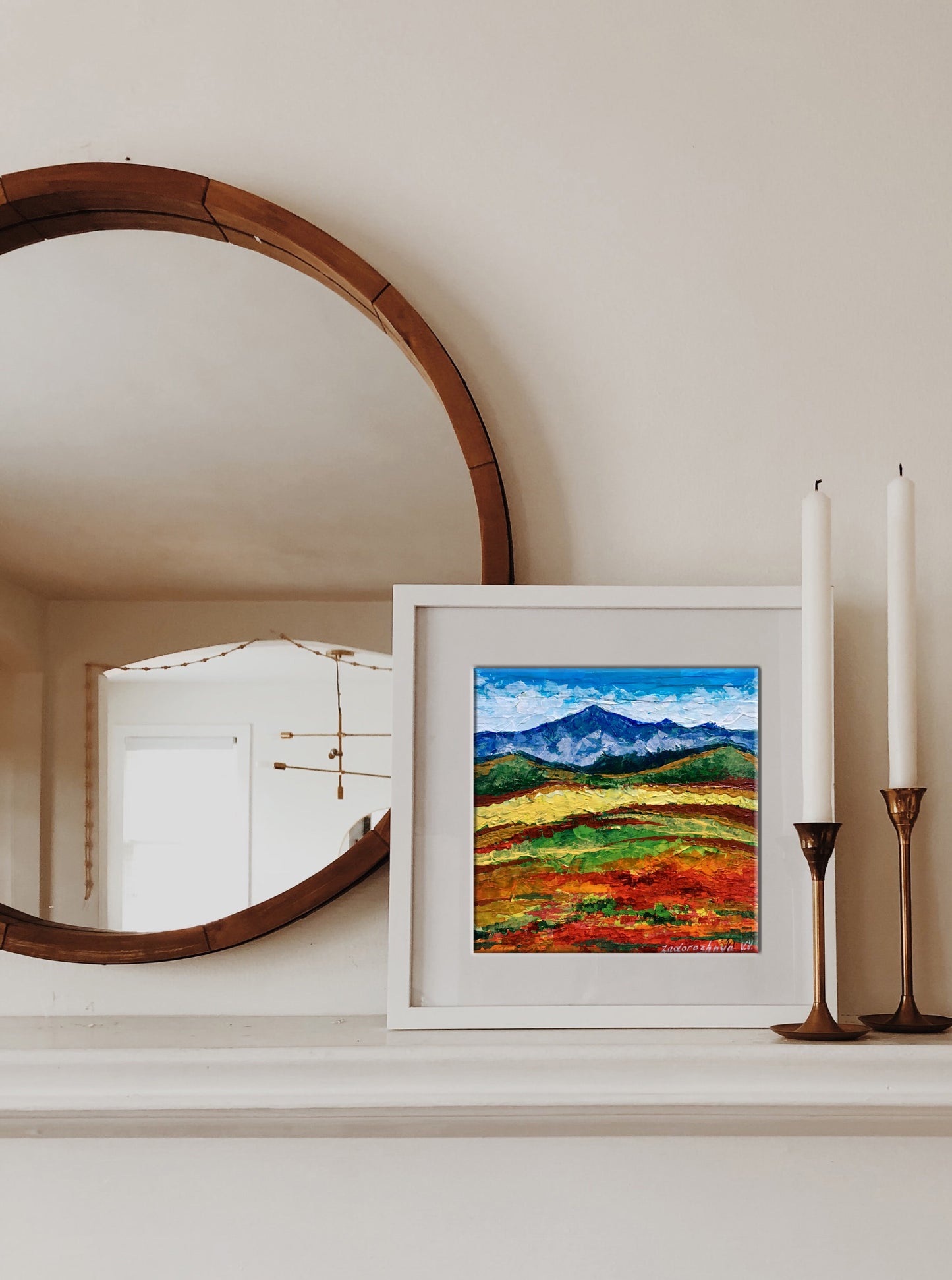 Vibrant oil painting Mountain view V. Zadorozhnya with green orange hills and blue mountains