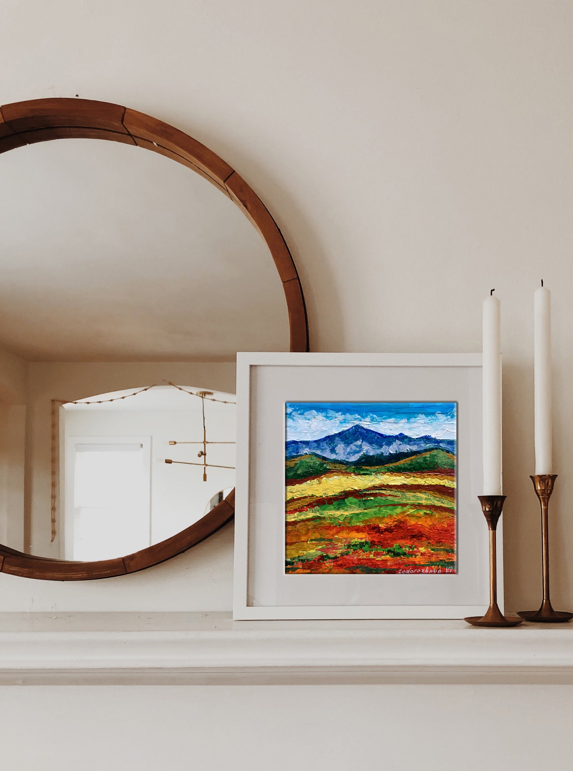 Vibrant oil painting Mountain view V. Zadorozhnya with green orange hills and blue mountains