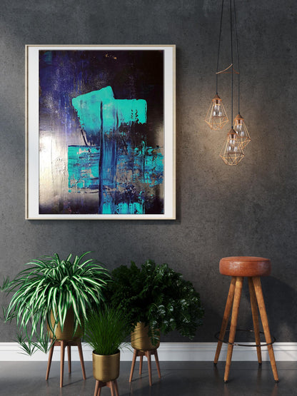Acrylic painting Equilibrium by Melezhik Olga, teal black abstract in white frame