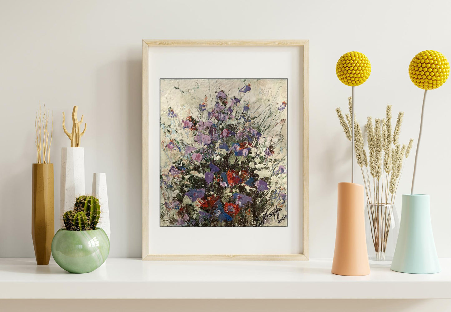 Oil painting Flowers Mazur Vladimir: vibrant purple, red, blue floral abstract on beige