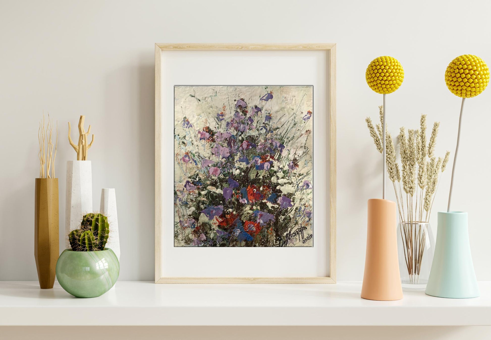 Oil painting Flowers Mazur Vladimir: vibrant purple, red, blue floral abstract on beige