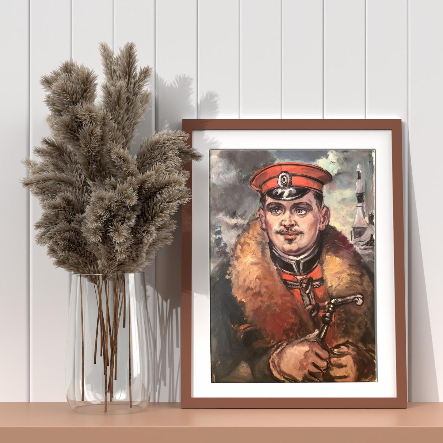 Oil painting portrait of officer in winter by Alexander Litvinov, framed