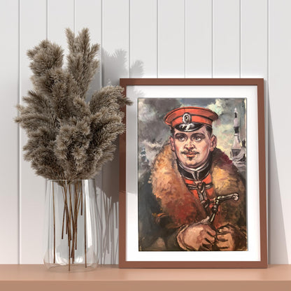 Oil painting portrait of officer in winter by Alexander Litvinov, framed