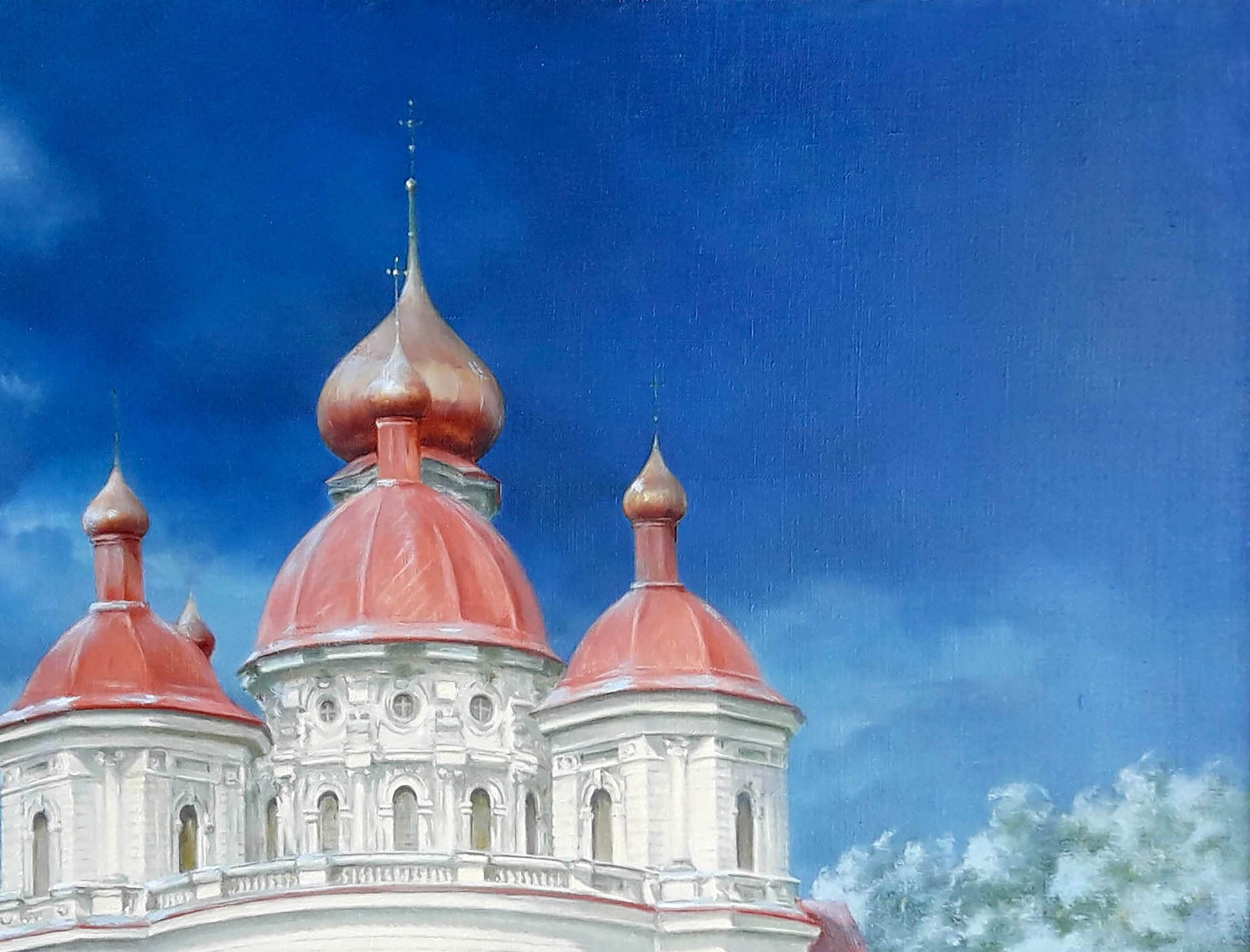 Oil painting of Bryansk Nikolaev Church with red onion domes by Korkishko Vasily