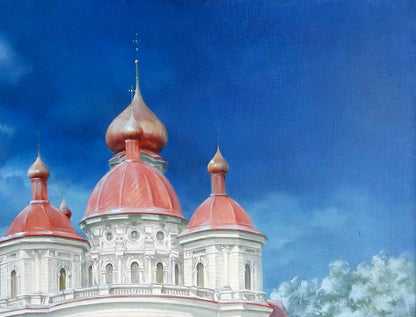 Oil painting of Bryansk Nikolaev Church with red onion domes by Korkishko Vasily