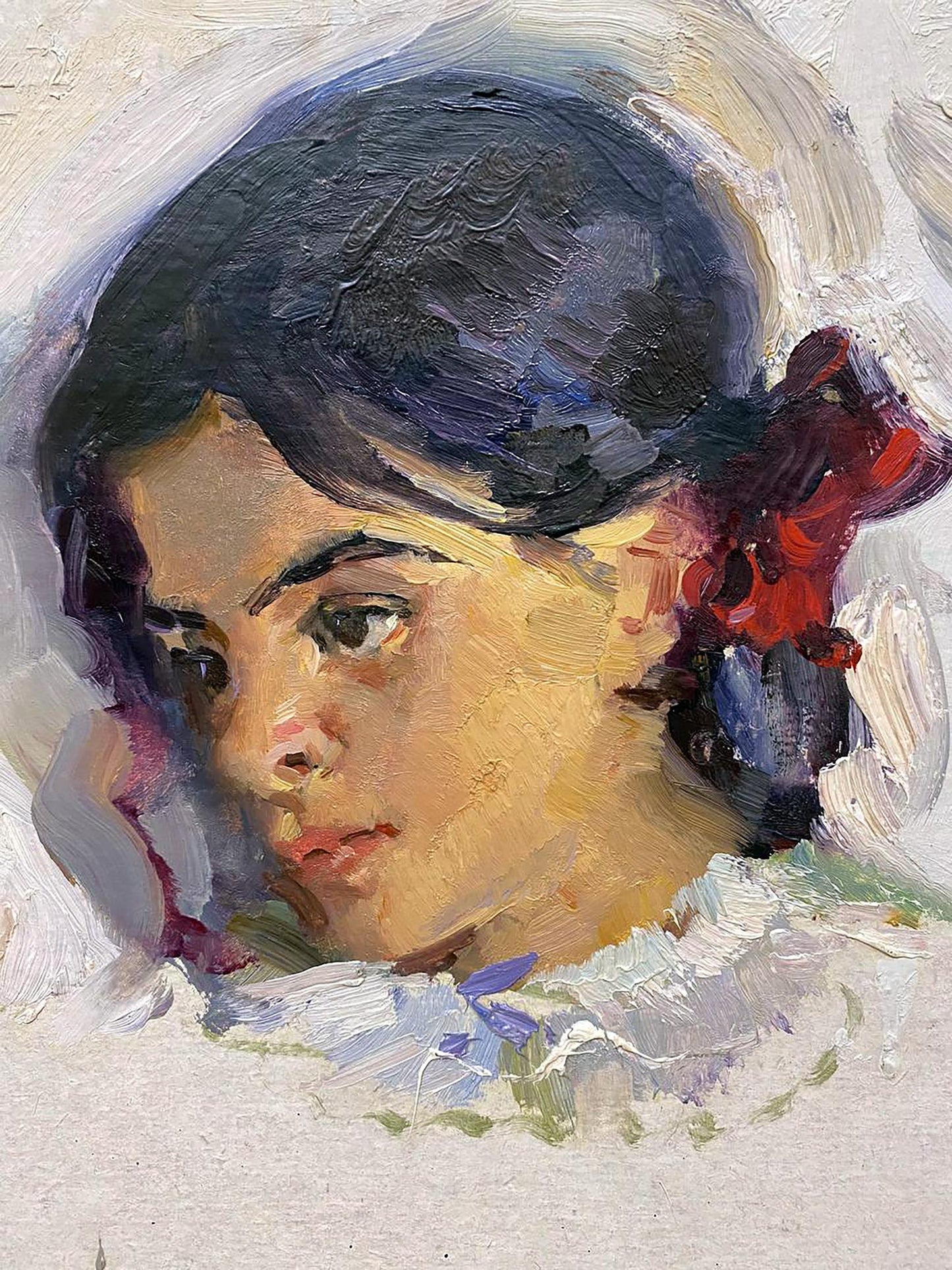 Oil painting portrait of girl by Leonid Mikhaylovich Stil, textured impressionistic style