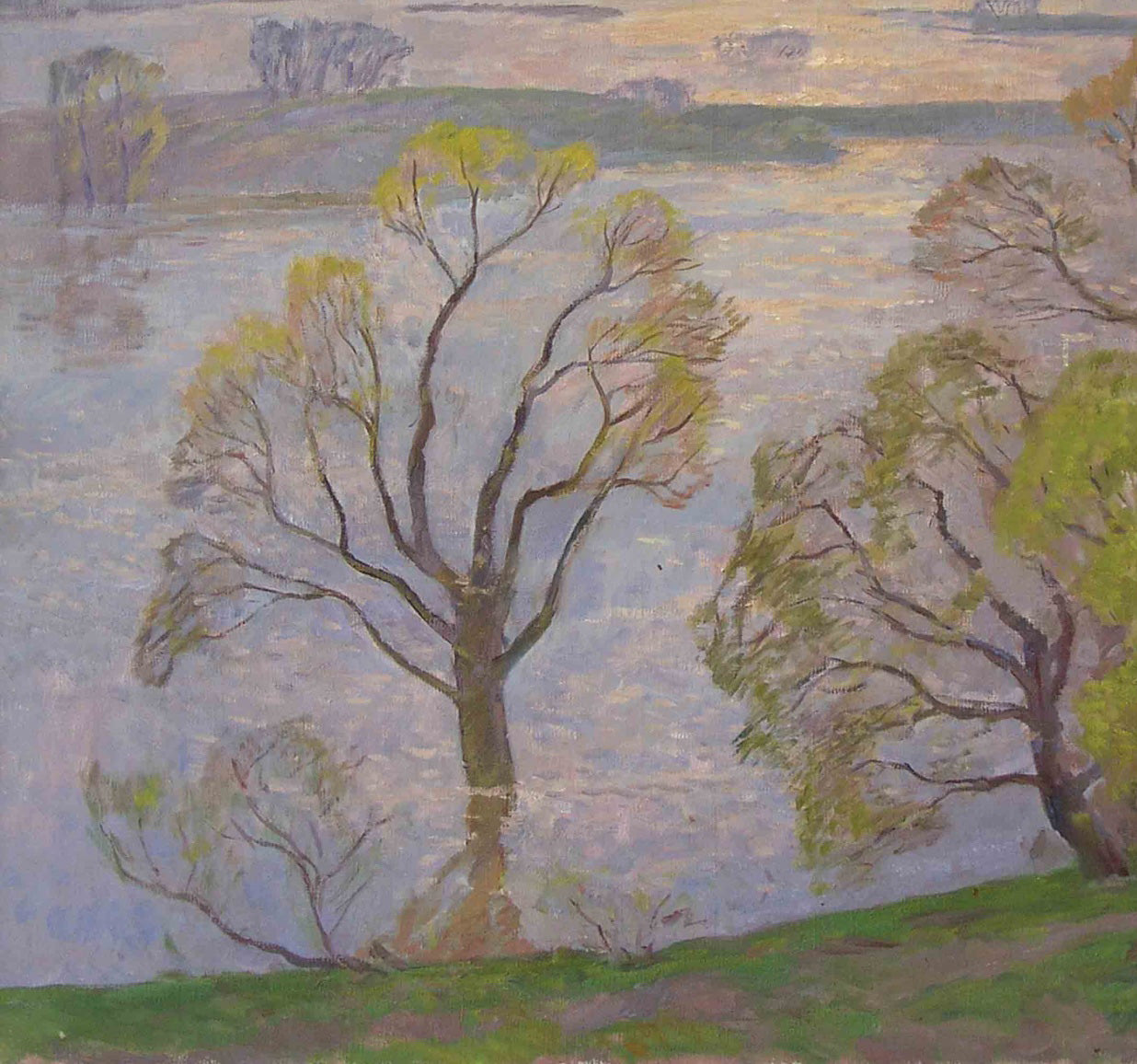 Oil painting Flood by Rapoport Boris Naumovich: tall tree by water