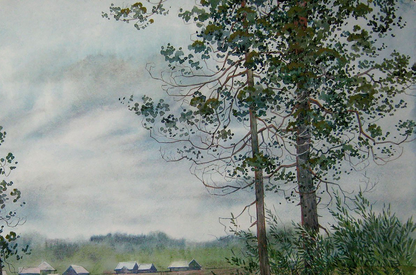 Watercolor painting Village River Landscape 