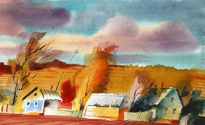 Watercolor painting of October rural village by Egor Shvachunov