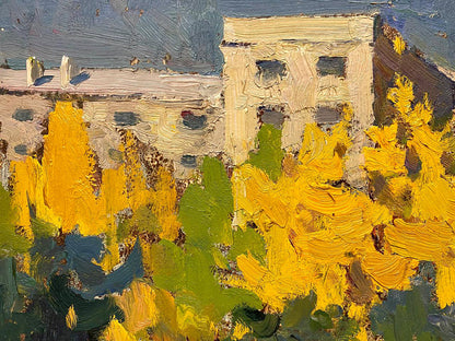 Oil painting Urban autumn by Petrov Georgy Petrovich, weathered building in foliage