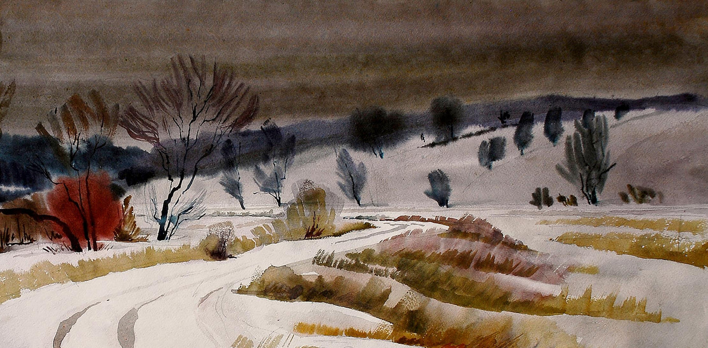 Watercolor painting Winter snowy landscape by Obolon Egor Shvachunov