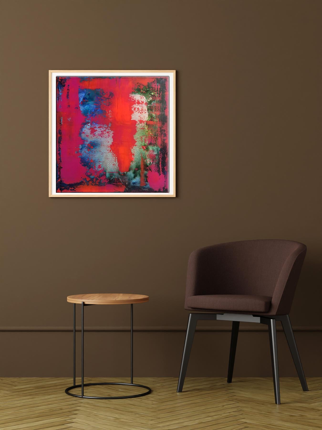 Vibrant abstract acrylic painting Passion Melezhik Olga with bold red blue green brushstrokes in white frame