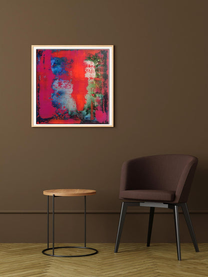 Vibrant abstract acrylic painting Passion Melezhik Olga with bold red blue green brushstrokes in white frame