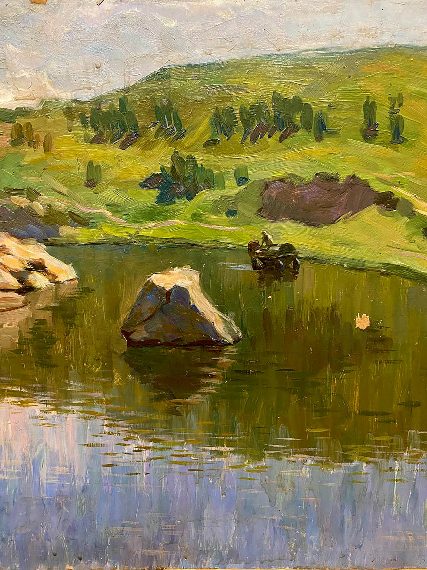 Oil painting Still water by Tal’ko Boris Adol’fovich: textured beige rock in greenish-blue lake